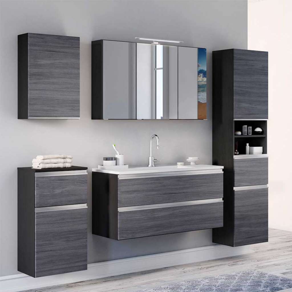 Badezimmer Kombination in Eiche Grau Optik LED Beleuchtung (5-teilig)