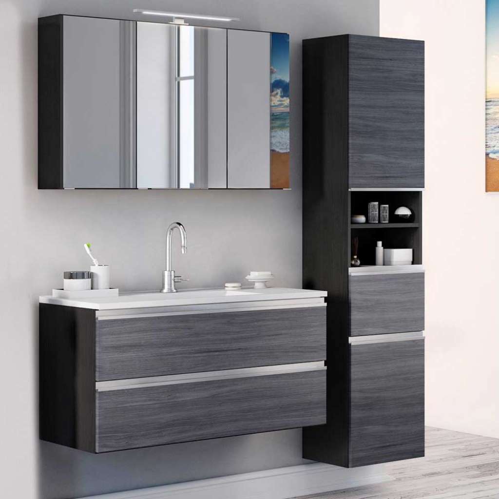 Badezimmermöbel Set in Eiche Grau Optik LED Beleuchtung (3-teilig)