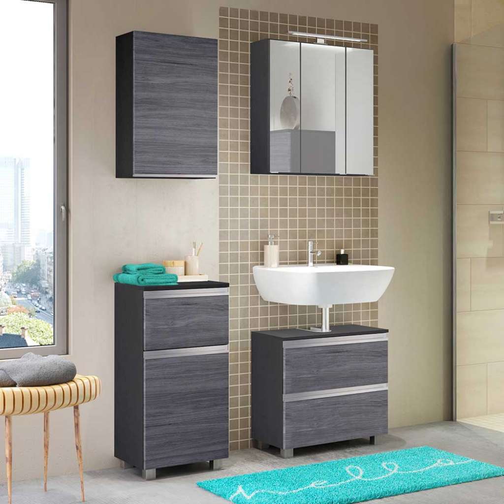 Badezimmer Einrichtung in Eiche Grau Optik LED Beleuchtung (4-teilig)