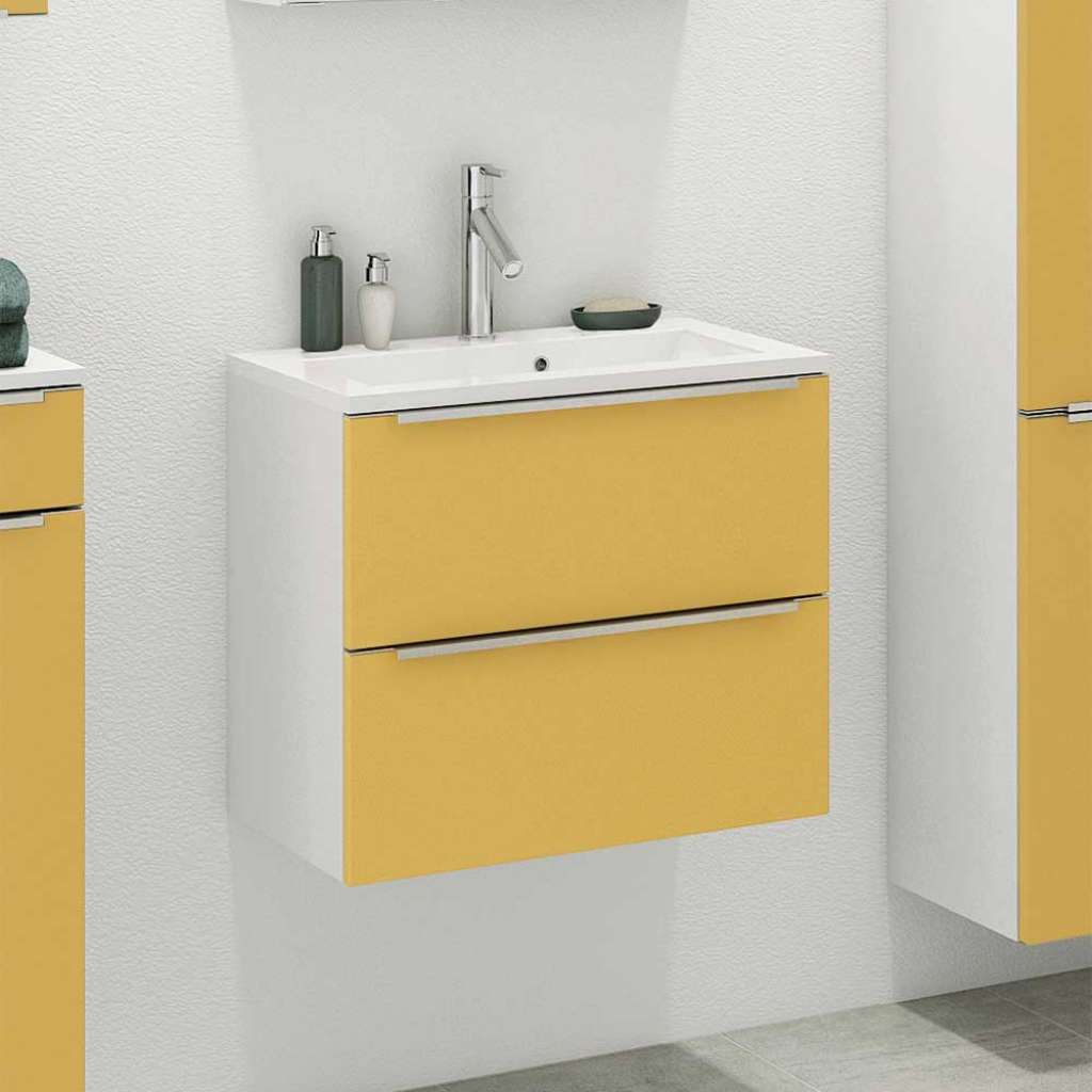 Waschbeckenschrank in Gelb und Weiß hängend