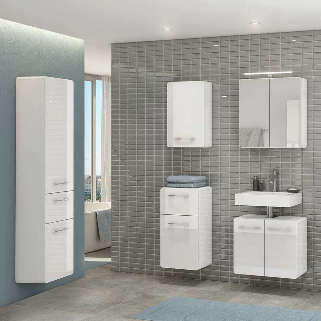 Badezimmer Set in Hochglanz Weiß Wandmontage (5-teilig)