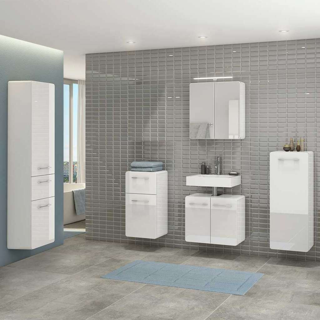 Badezimmer Möbel Set in Weiß Hochglanz 140 cm breit (5-teilig)