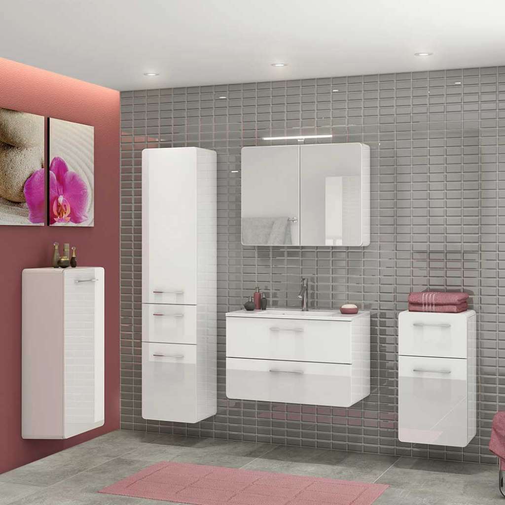 Komplett Badezimmer Set in Weiß Hochglanz LED Beleuchtung (5-teilig)