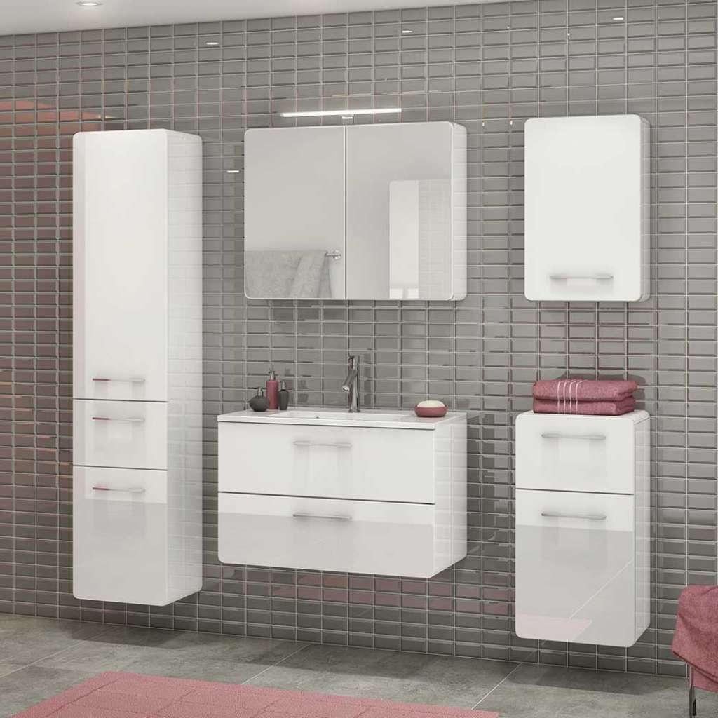 Badezimmer Komplettset in Weiß Hochglanz LED Beleuchtung (5-teilig)