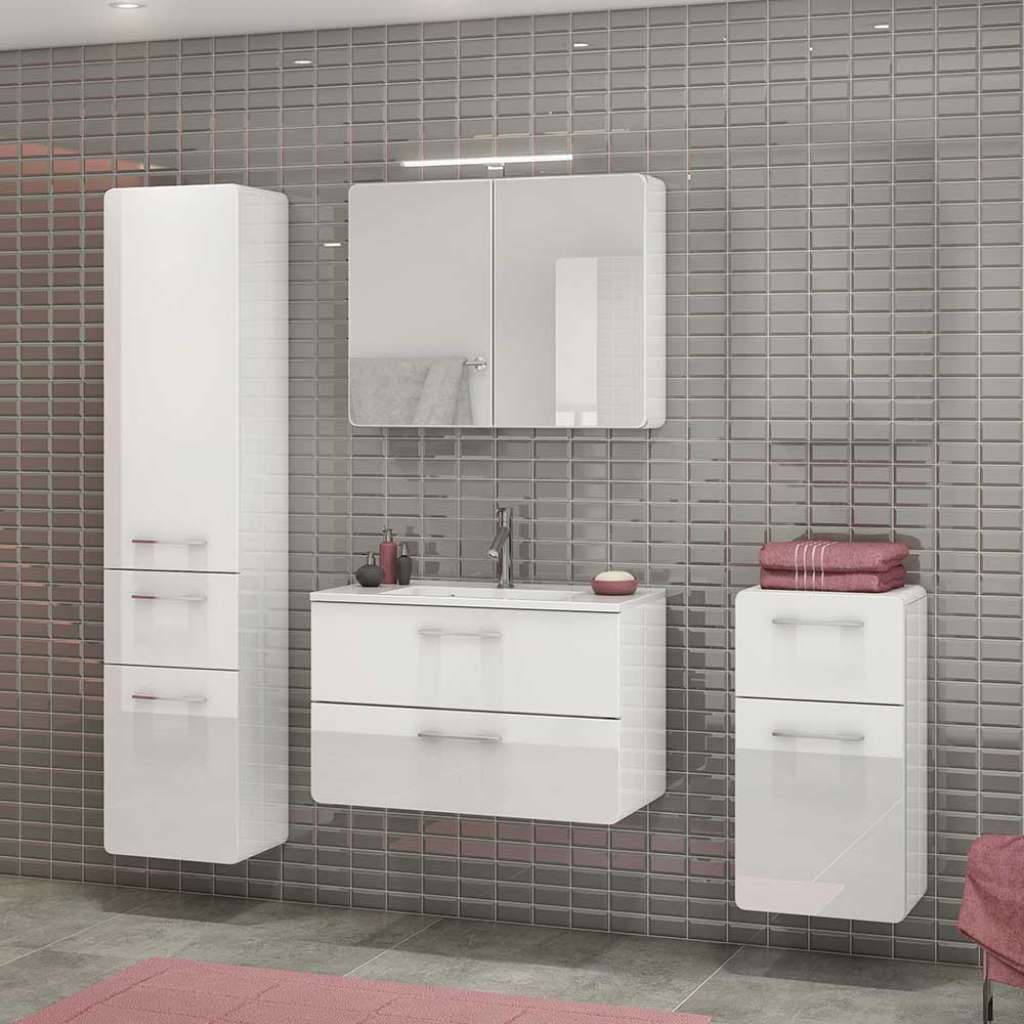 Hochglanz Badezimmer Set in Weiß LED Beleuchtung (4-teilig)