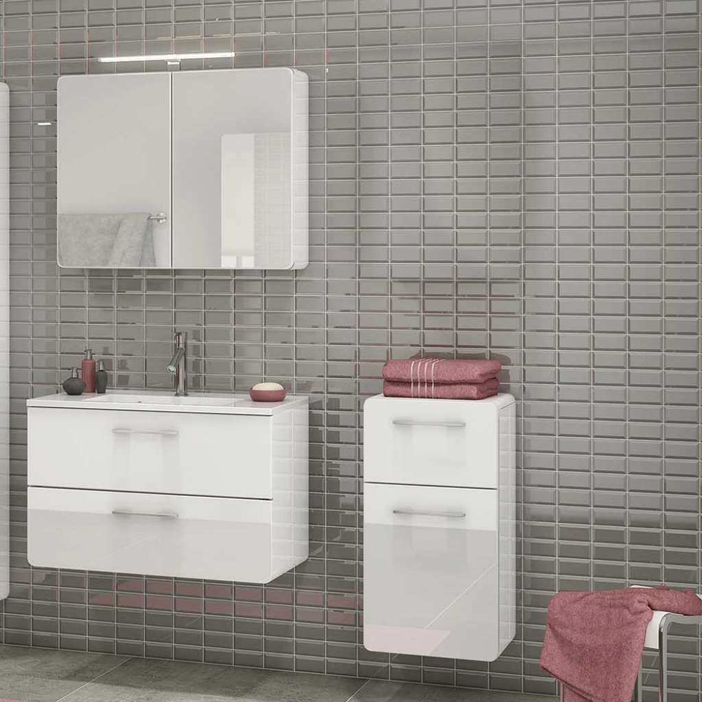 Kleines Badezimmer Set in Weiß Hochglanz LED Beleuchtung (3-teilig)