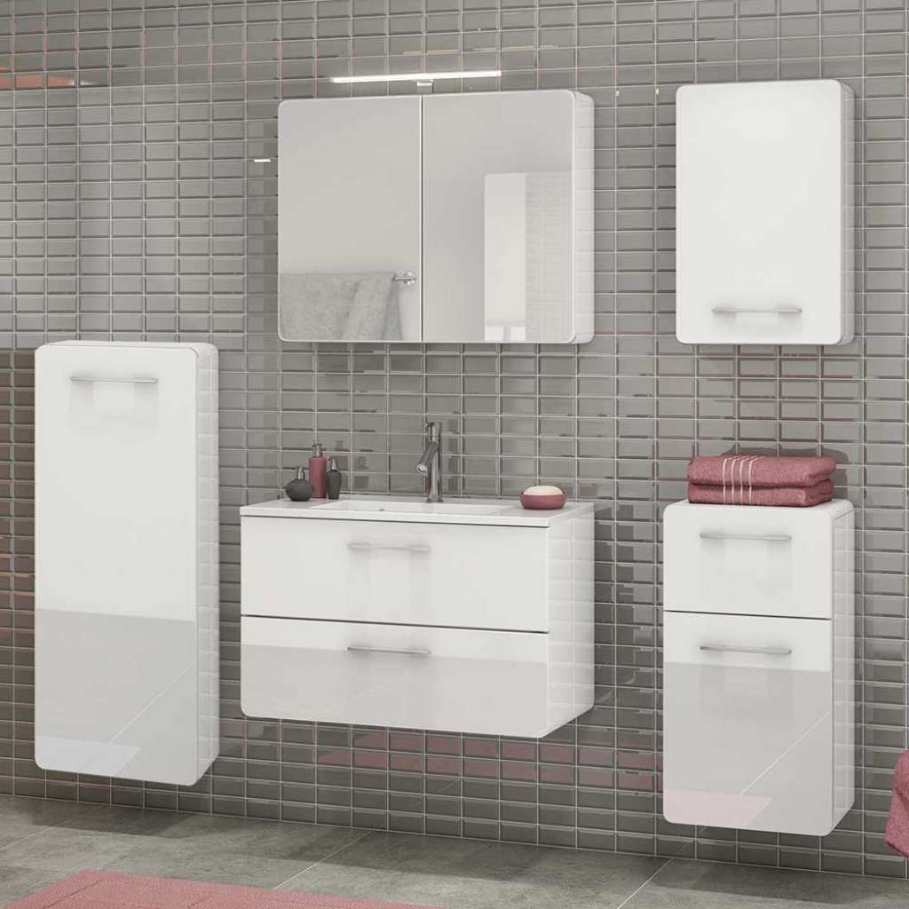 Hängendes Badmöbel Set in Hochglanz Weiß 160 cm breit (5-teilig)