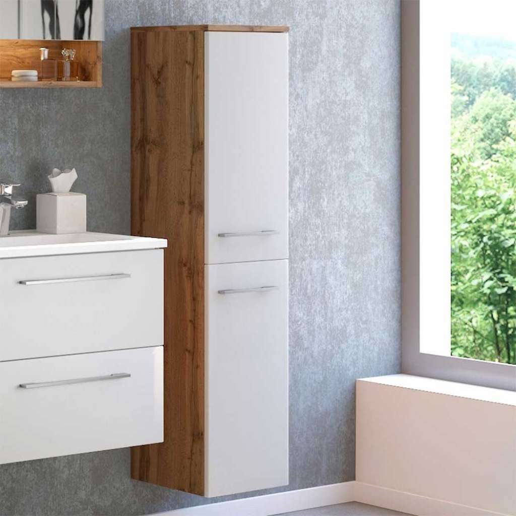 Hochschrank für Badezimmer Weiß und Wildeiche Optik