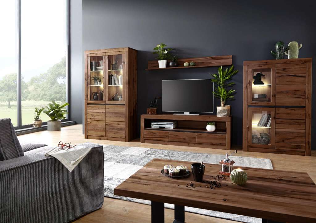 Wohnwand Zerreiche tabacco brown massiv geölt Wuchsrisse MONTREUX #902