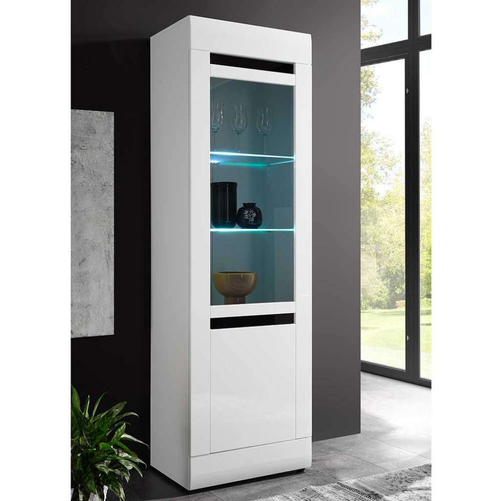 Schrank Vitrine in Weiß Hochglanz und Schwarz 200 cm hoch