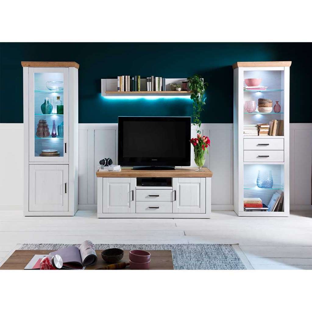 Landhausstil Anbauwand 210 cm hoch Weiß und Eiche Optik