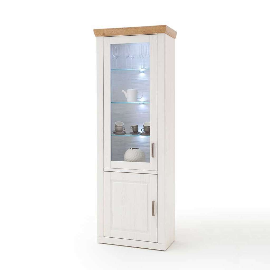 Landhaus Vitrinenschrank in Weiß und Eiche Optik 210 cm hoch
