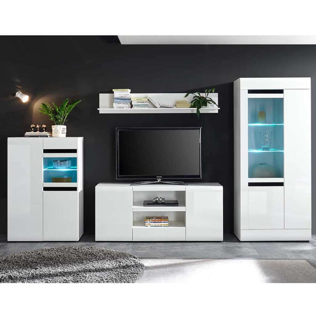 Design Schrankwand in Hochglanz Weiß 200 cm hoch (4-teilig)