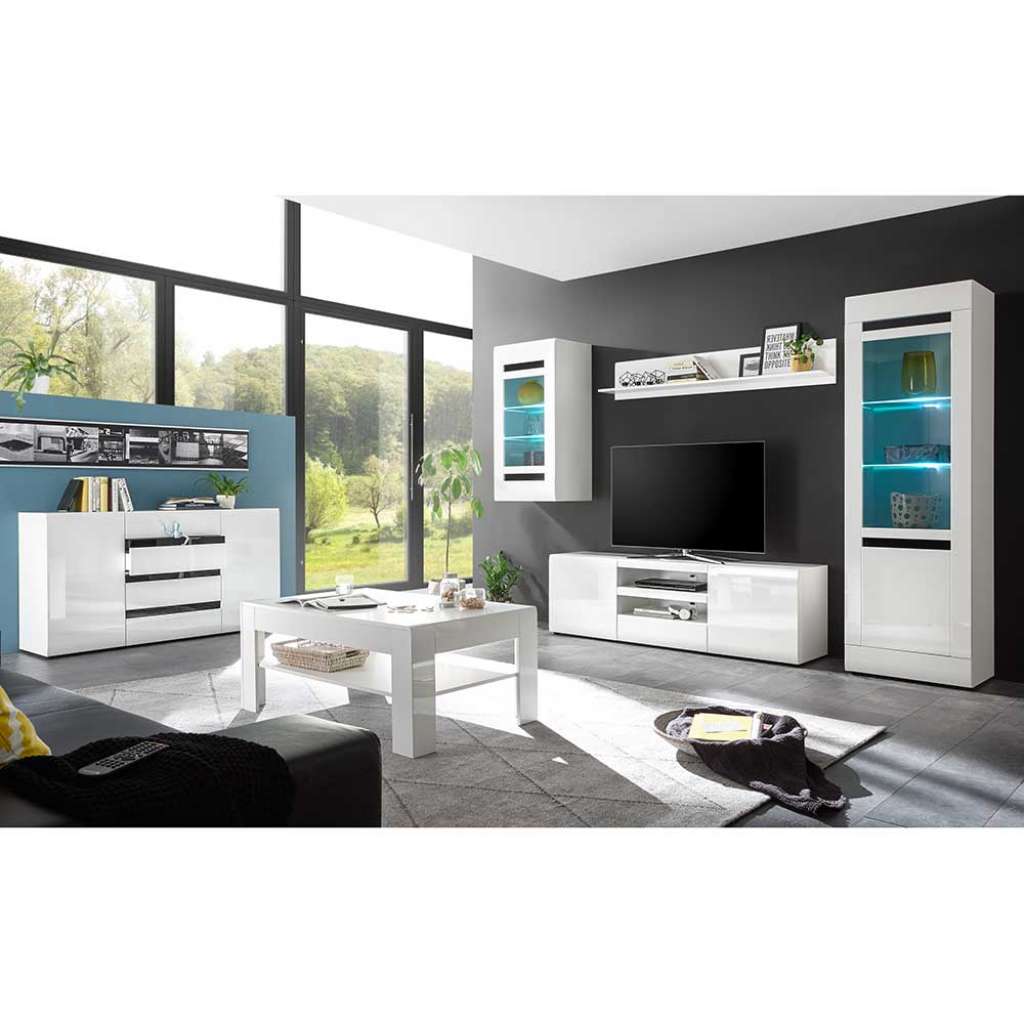 Wohnzimmer Einrichtung in Weiß Hochglanz modern (6-teilig)