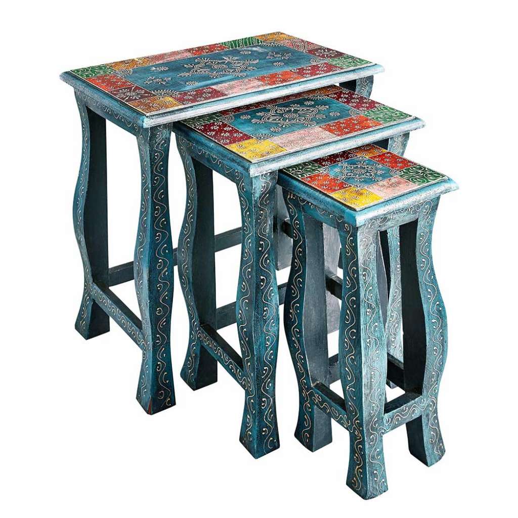 Beistelltisch Set in Blau und Bunt Shabby Chic Design (3-teilig)