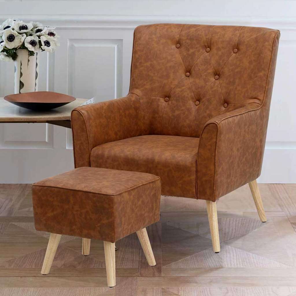 Retro Sessel in Braun Kunstleder Fußhocker (2-teilig)