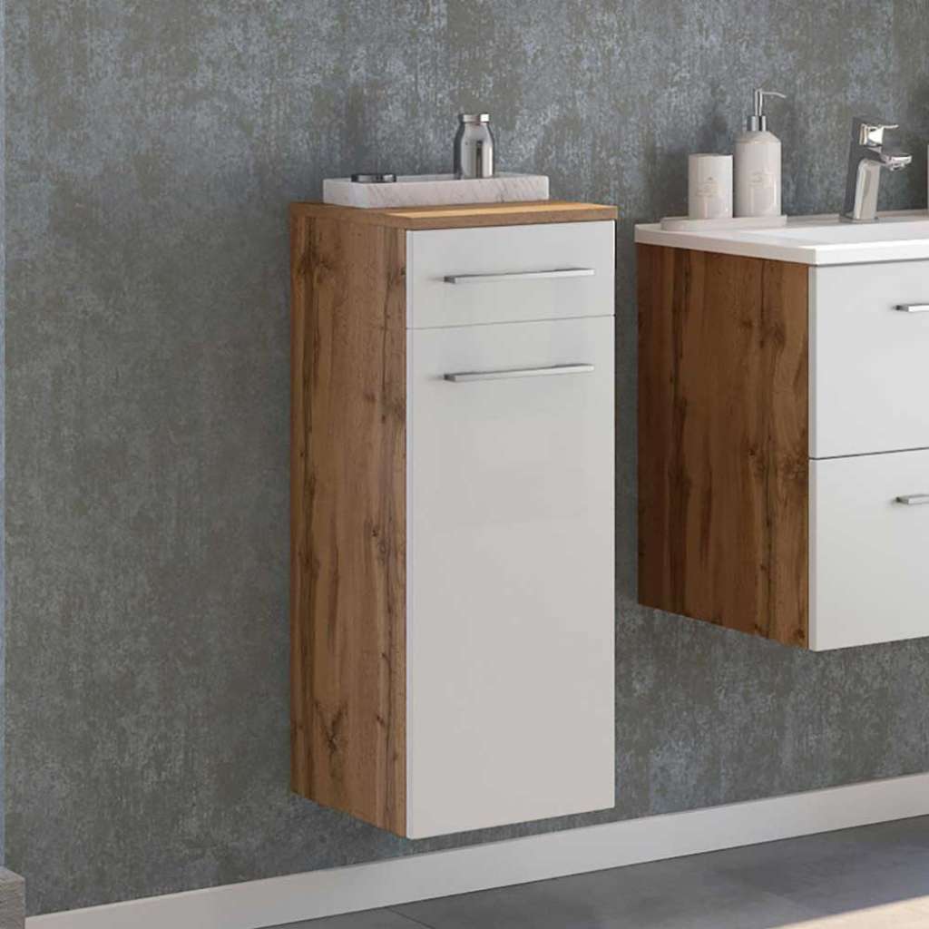 Badezimmer Unterschrank in Weiß und Wildeiche Optik 30 cm breit