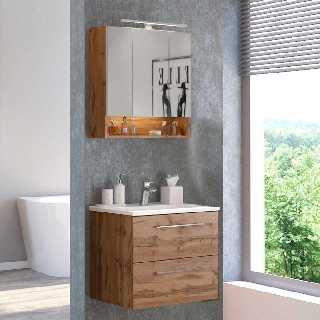 Spiegelschrank und Waschtisch in Wildeichefarben Made in Germany (2-teilig)