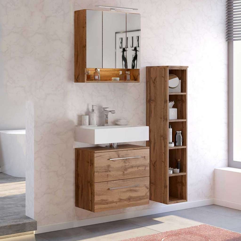 Kleines Badezimmer Set in Wildeichefarben LED Beleuchtung (3-teilig)
