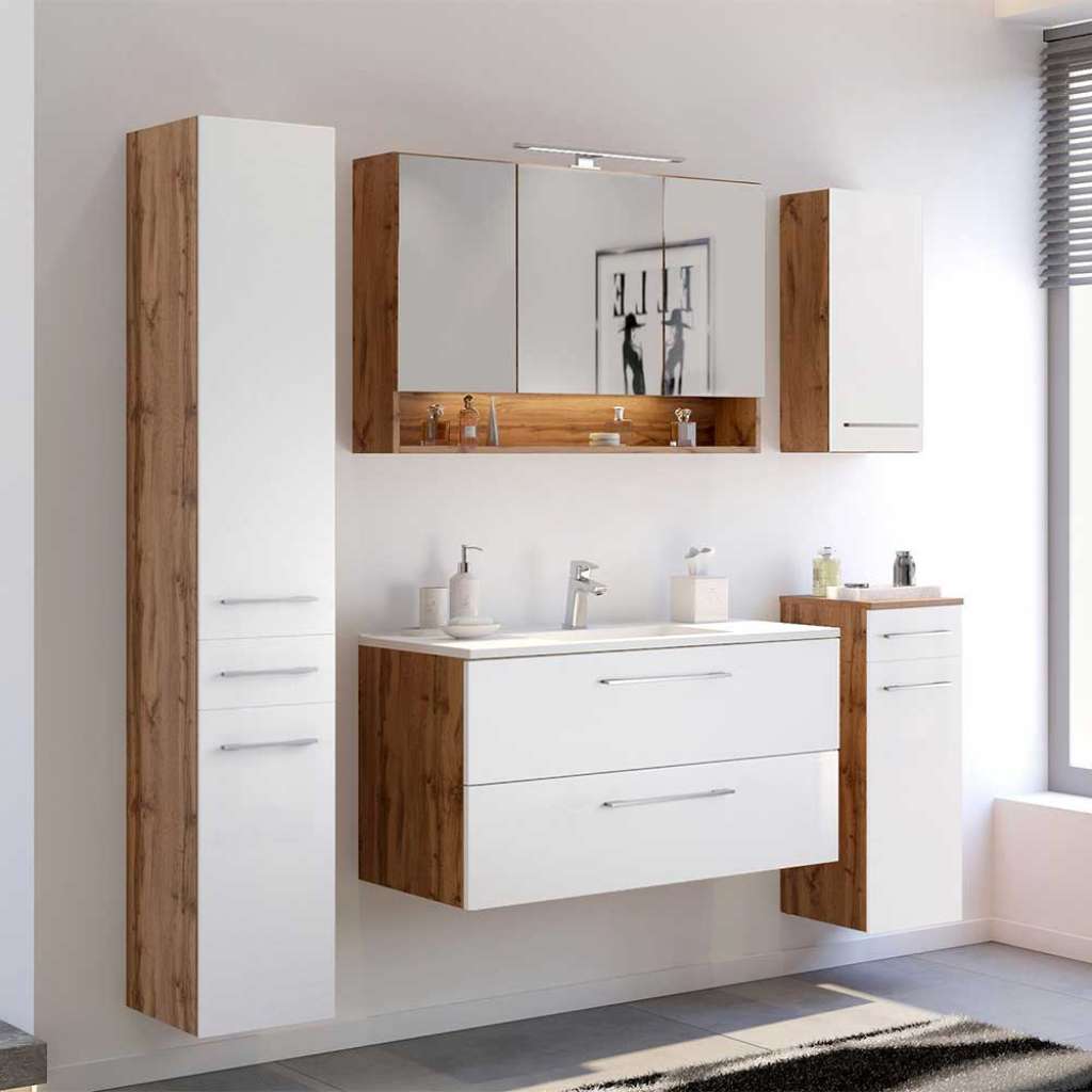Bad Komplettset in Weiß und Wildeiche Optik 160 cm breit (5-teilig)