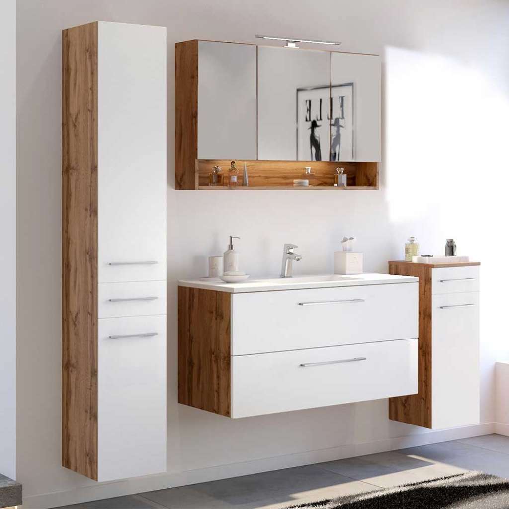 Design Möbel Set für Badezimmer Weiß und Wildeiche Optik (4-teilig)