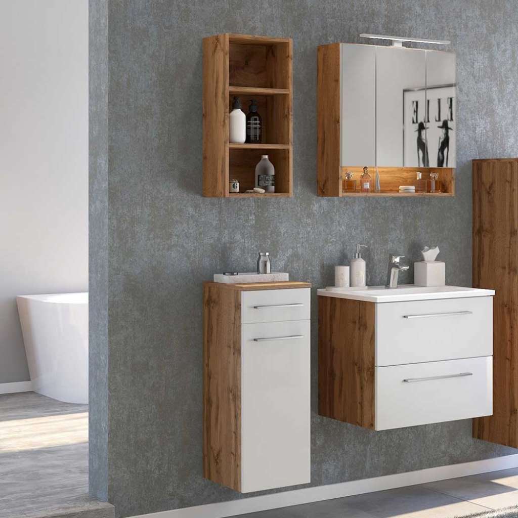Modernes Badmöbel Set in Weiß und Wildeiche Optik LED Beleuchtung (4-teilig)