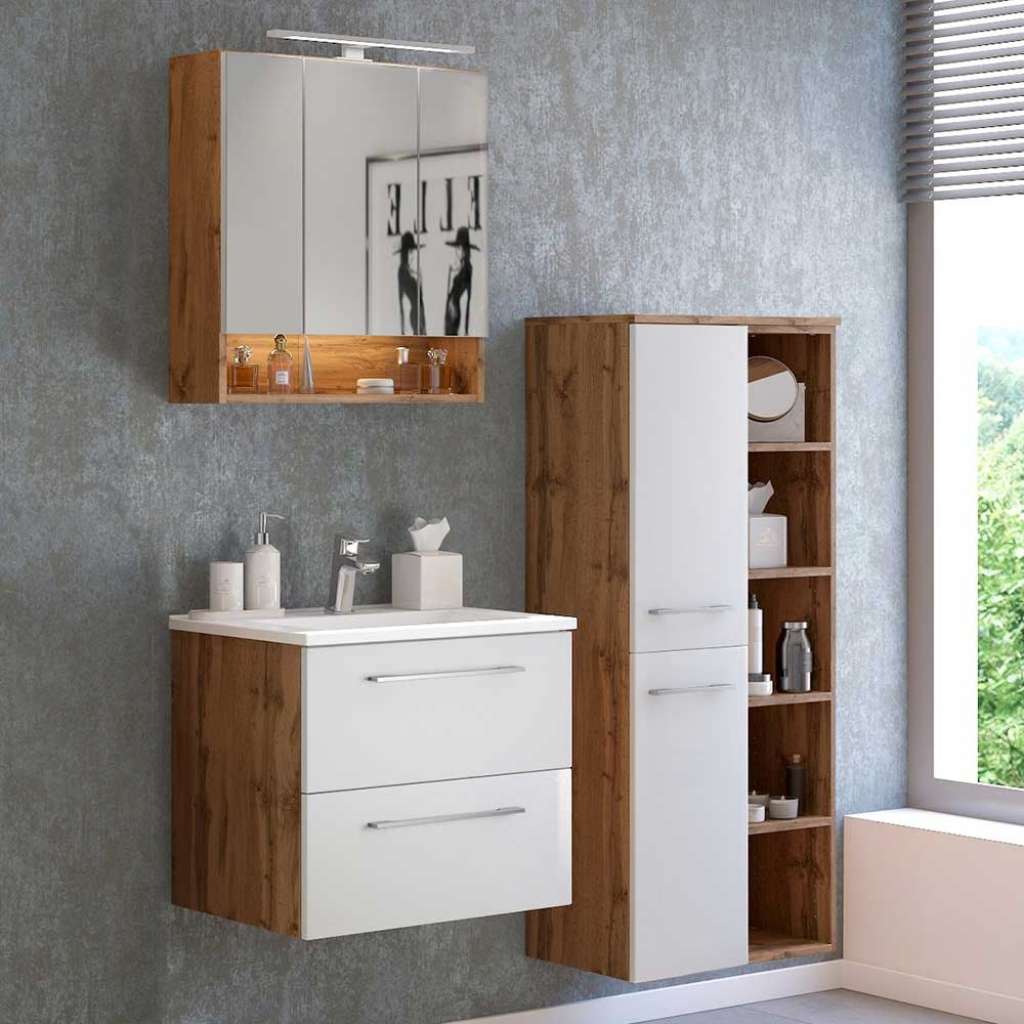 Badezimmer Kombination in Weiß und Wildeiche Optik LED Beleuchtung (4-teilig)