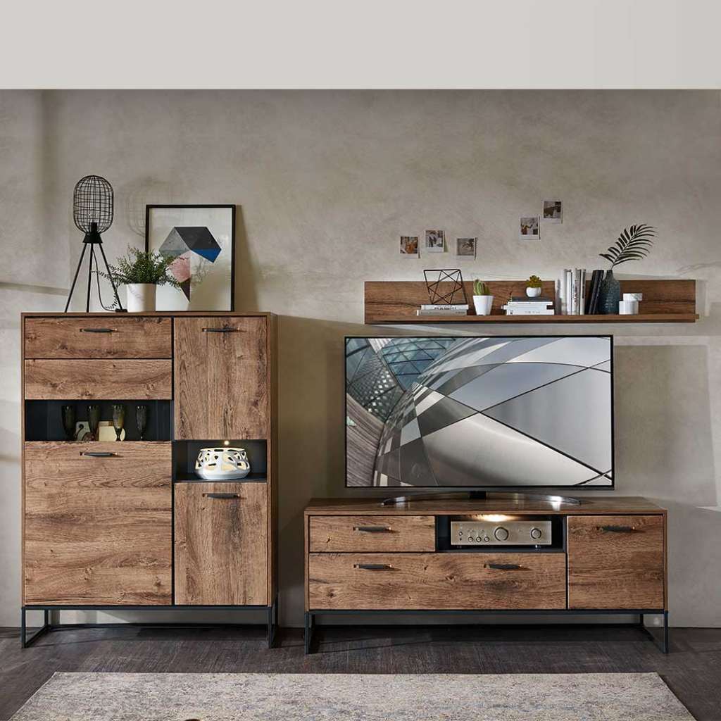 TV Wohnwand im Loft Design Eiche dunkel Optik und Dunkelgrau (3-teilig)