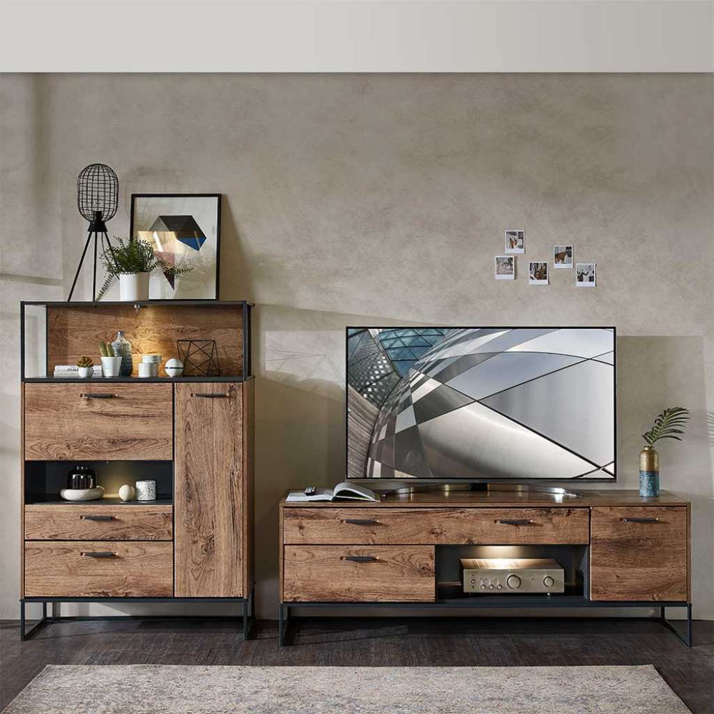 Wohnzimmer Anbauwand im Loft Design Eiche dunkel Optik und Dunkelgrau (2-teilig)