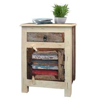 Shabby Chic Nachttisch Kommode in Creme Weiß und Bunt Recyclingholz