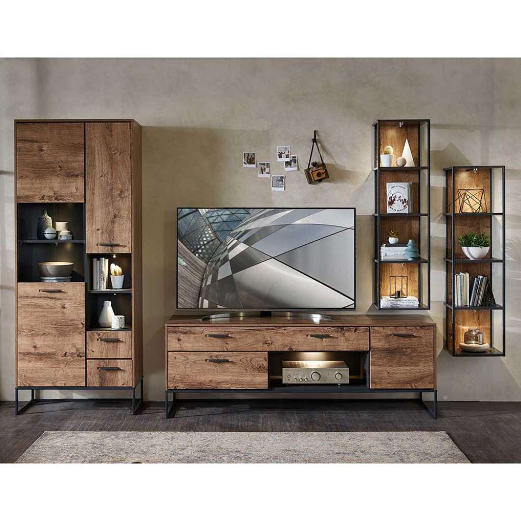 Loft Design Wohnwand in Eiche dunkel Optik und Dunkelgrau 320 cm breit (4-teilig)