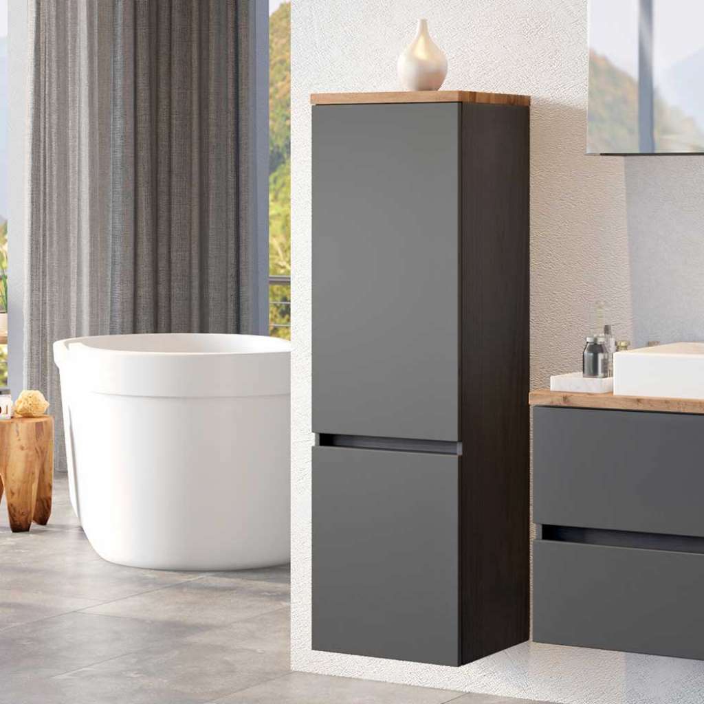 Badezimmer Hochschrank in Dunkelgrau und Wildeiche Optik 2-türig