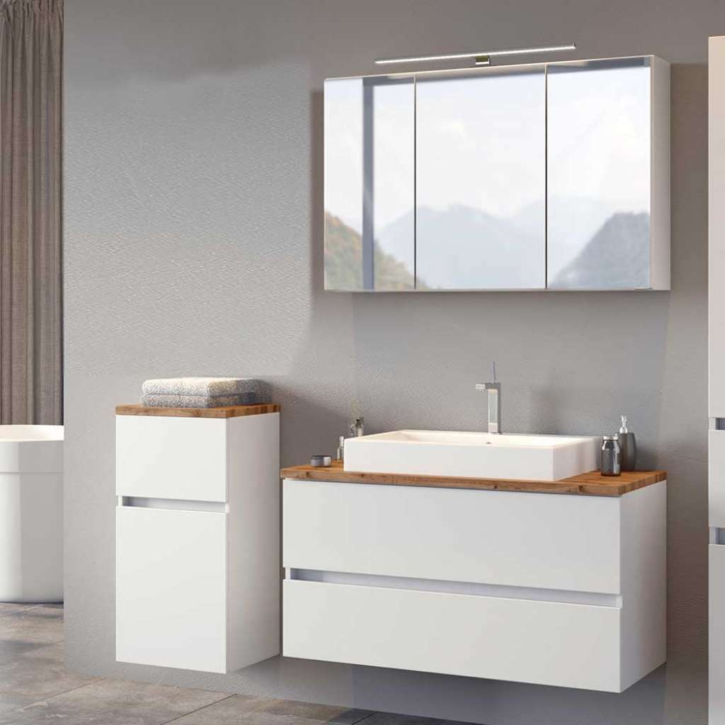 Badezimmer Set in Weiß und Wildeiche Optik Spiegelschrank (3-teilig)