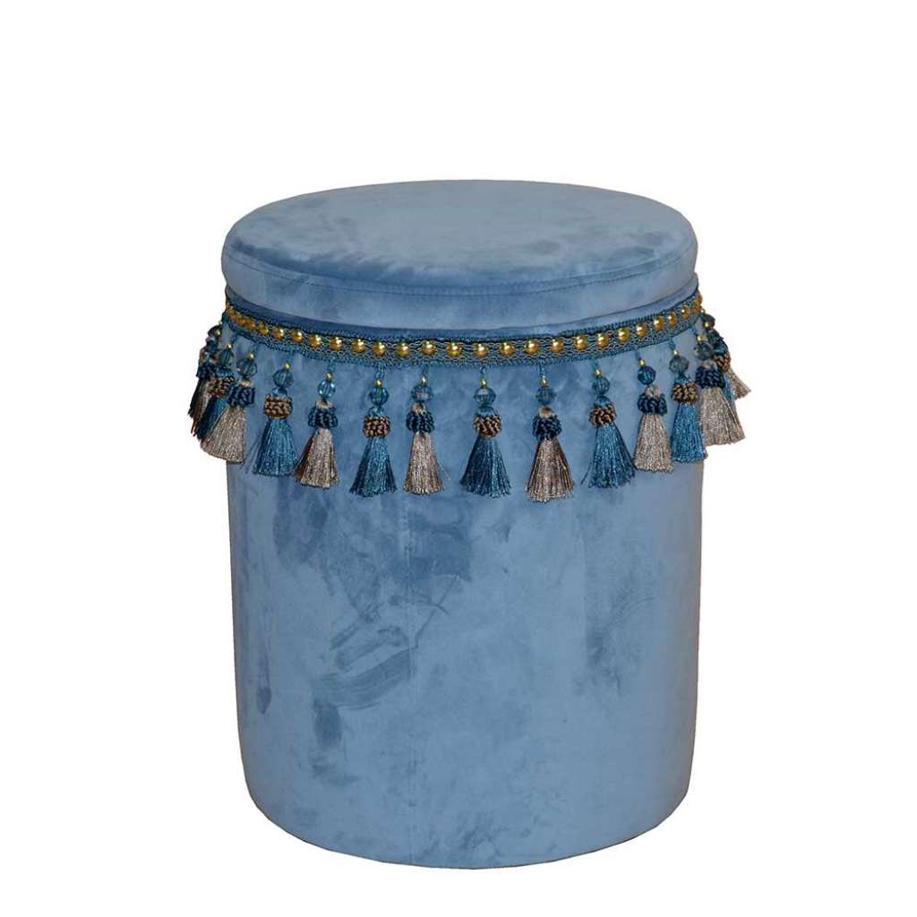Polsterhocker in Blau Samt Stauraum