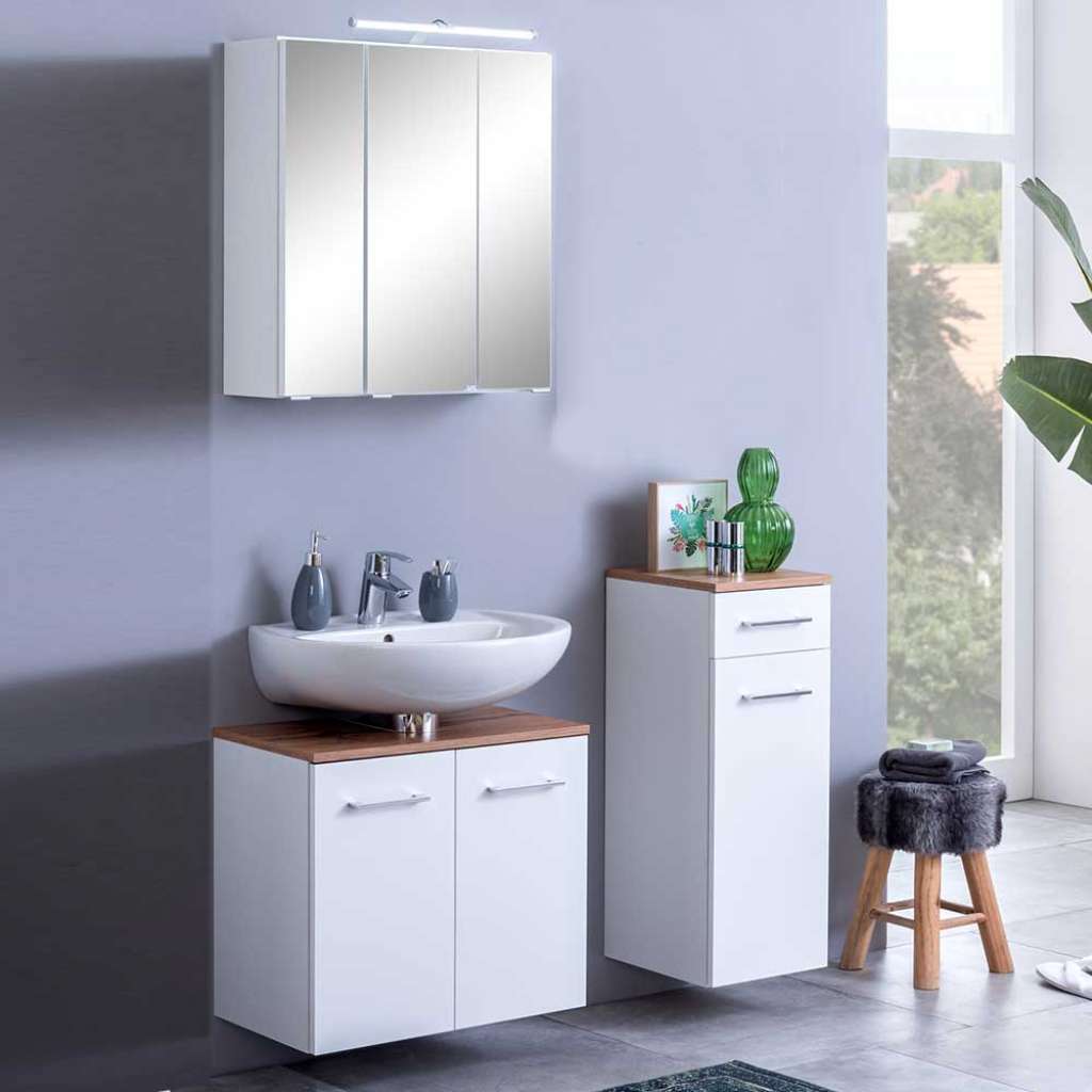 Design Badmöbel Made in Germany Weiß und Wildeiche Optik (3-teilig)