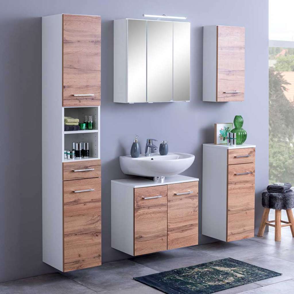 Badezimmer Komplettset in Wildeichefarben und Weiß LED Beleuchtung (5-teilig)