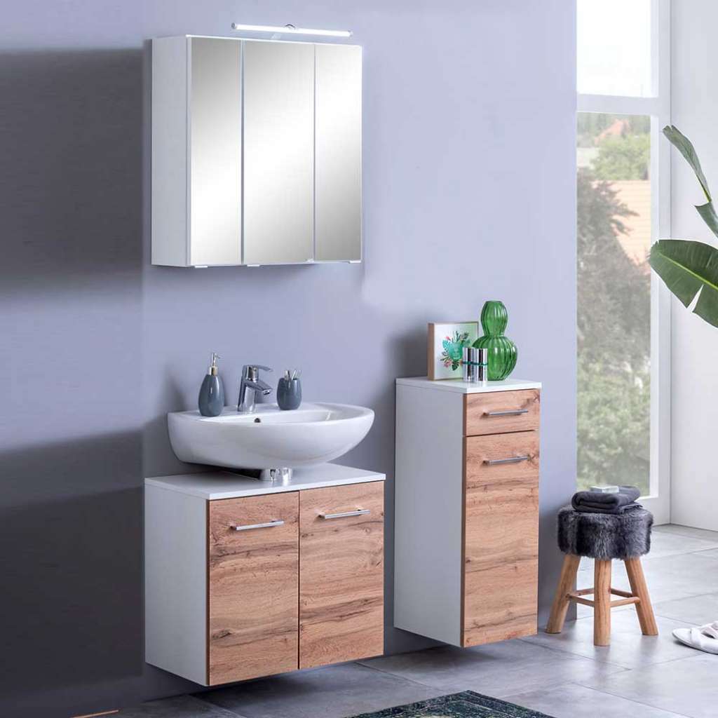 Design Badmöbel Set in Wildeiche Optik und Weiß Made in Germany (3-teilig)