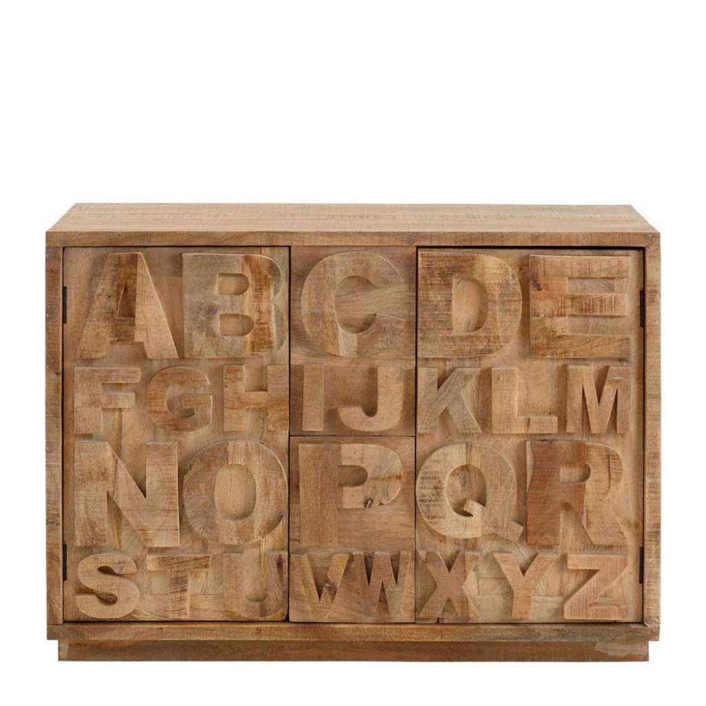Design Holzkommode mit Buchstaben Motiven Mangobaum Massivholz
