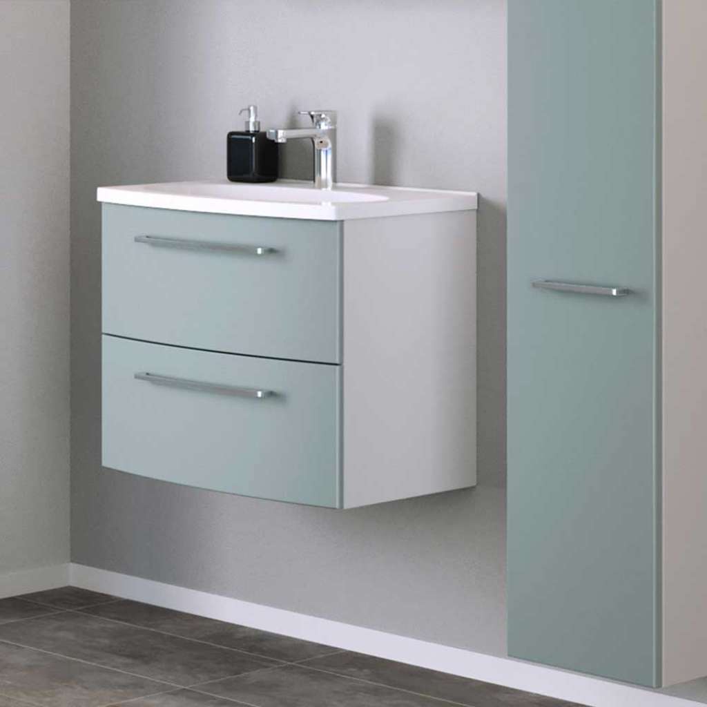 Waschtisch in Graugrün und Weiß hängend