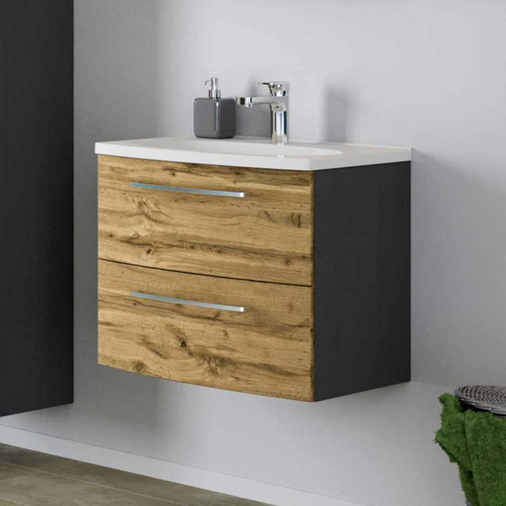 Design Waschtisch in Wildeiche Optik und Dunkelgrau 60 cm breit