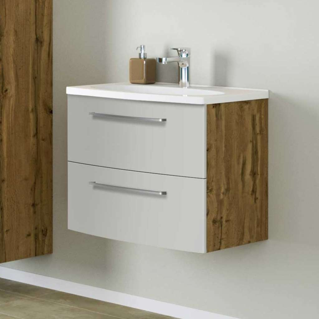 Waschkommode in Hellgrau und Wildeiche Optik zwei Schubladen