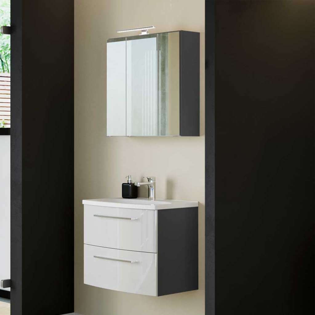 Design Badezimmer Set in Weiß Hochglanz und Dunkelgrau LED Beleuchtung (2-teilig)