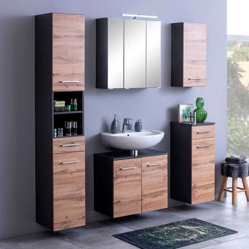Badmöbel Komplettset in Wildeichefarben und Dunkelgrau 120 cm breit (5-teilig)