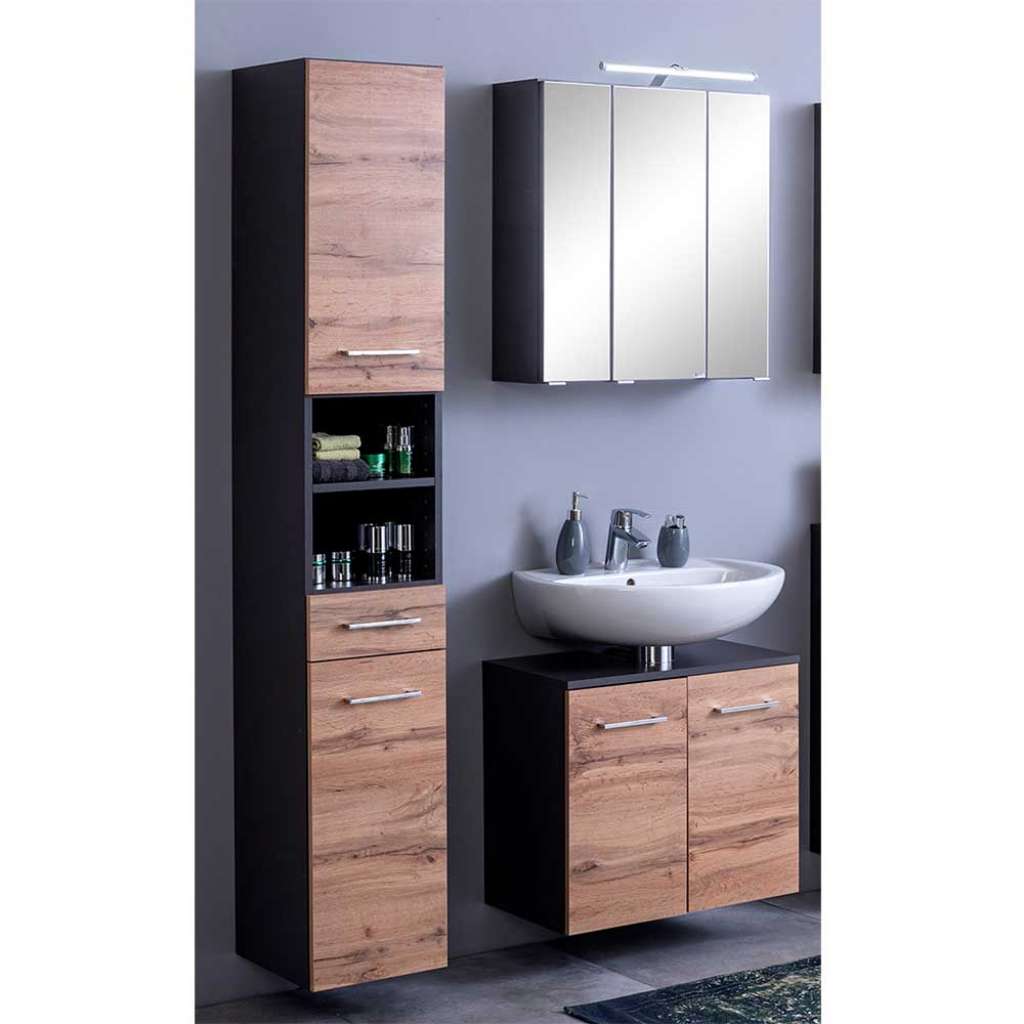 Badezimmer Kombi in Wildeiche Optik Dunkelgrau (3-teilig)