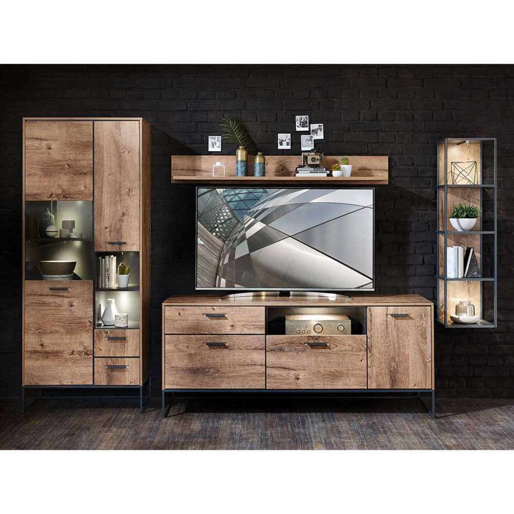 Design Wohnwand in Eiche dunkel und Dunkelgrau 310 cm breit (4-teilig)