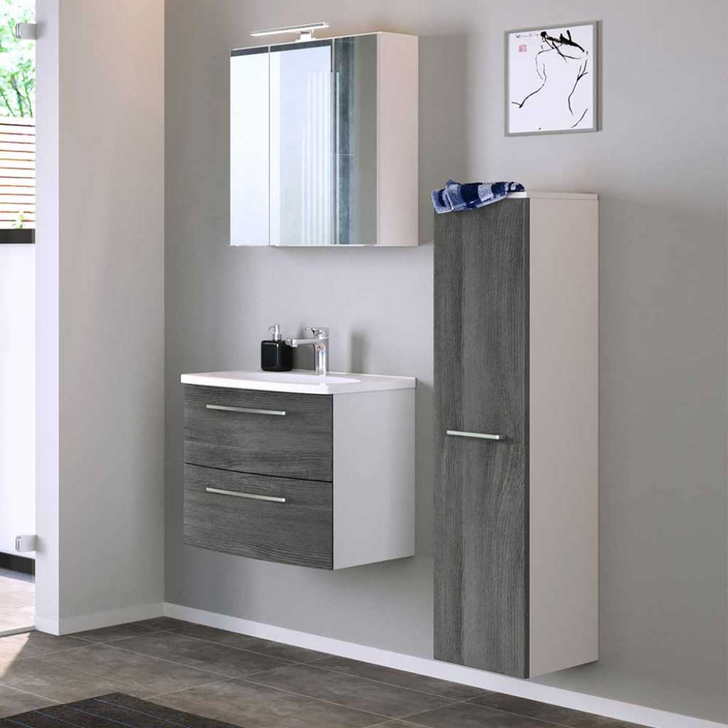 Badmöbel Set in Eiche Grau und Weiß modern (3-teilig)