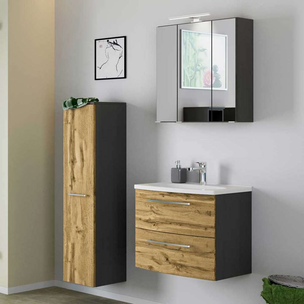 Badezimmermöbelset in Wildeichefarben und Dunkelgrau 90 cm breit (3-teilig)