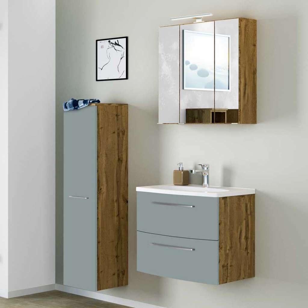 Design Badezimmer Set in Graugrün und Wildeiche Optik 90 cm breit (3-teilig)