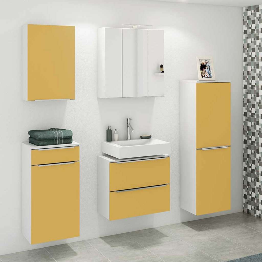 Komplettes Badezimmer Set in Gelb Weiß (5-teilig)