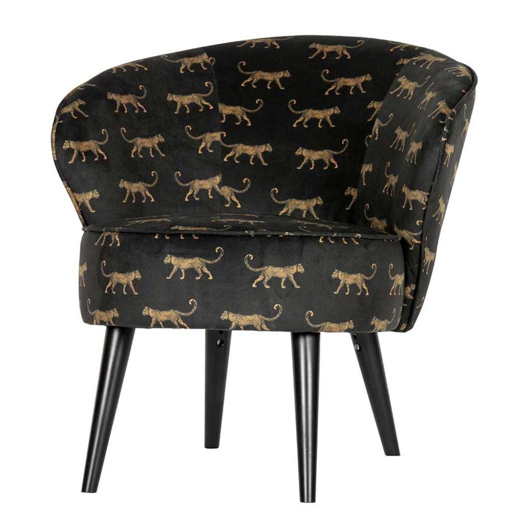 Design Cocktailsessel in Schwarz und Beige Samt Raubkatzen Motiven